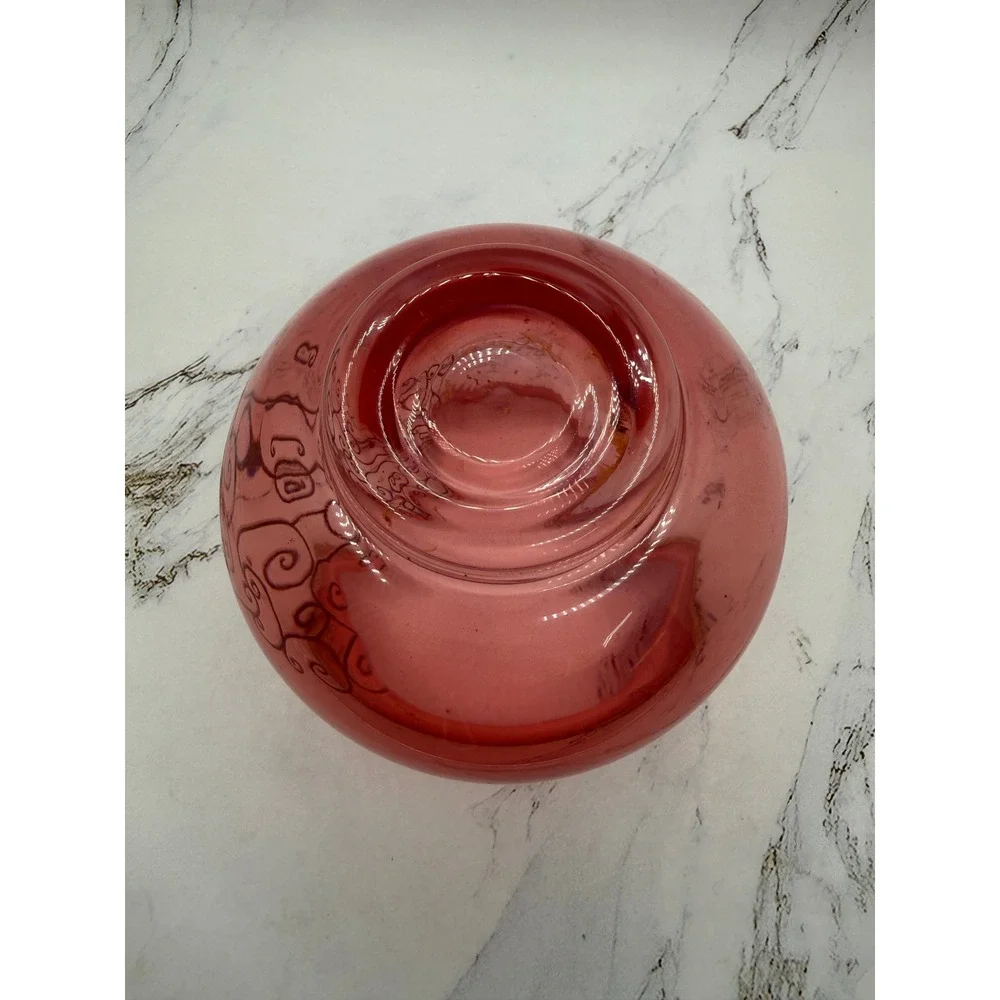 Vintage Cranberry Glass Rose Bowl Vase Gold Scroll Filigree Gilt Rim Pink 5in
